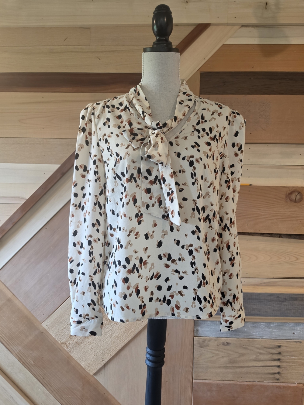 SHEIN Cream Leopard-Spot Tie-Neck Blouse with Black & Brown Spots